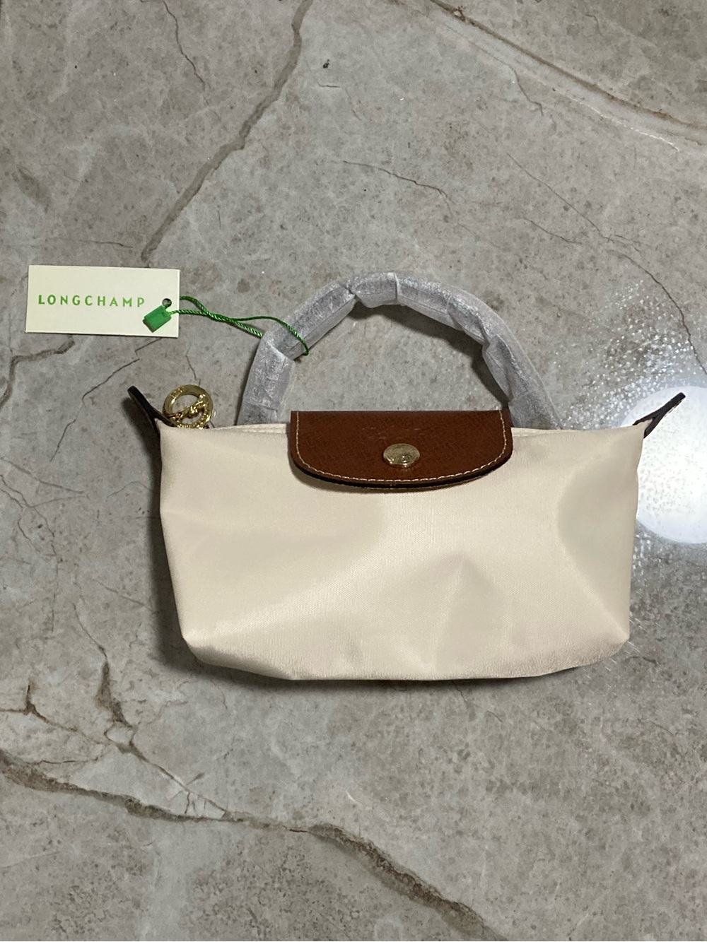 Longchamp Mini Tote in Cream with Brown Trim